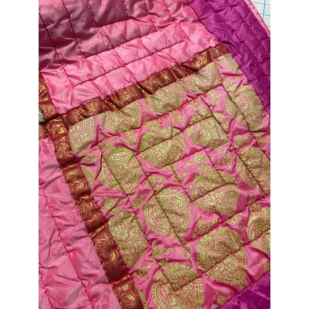 Handcrafted Pink & Gold Patchwork Quilt 43x43 Inches‎